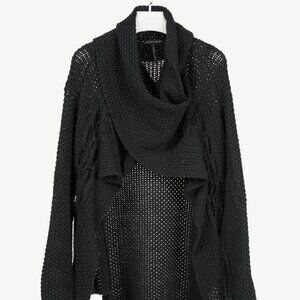 Sarah Pacini Black Wool-Blend Cable-Knit Crossover Cowl-Neck Sweater